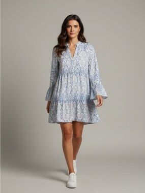 Blue Paisley Tiered V-Neck Mini Dress